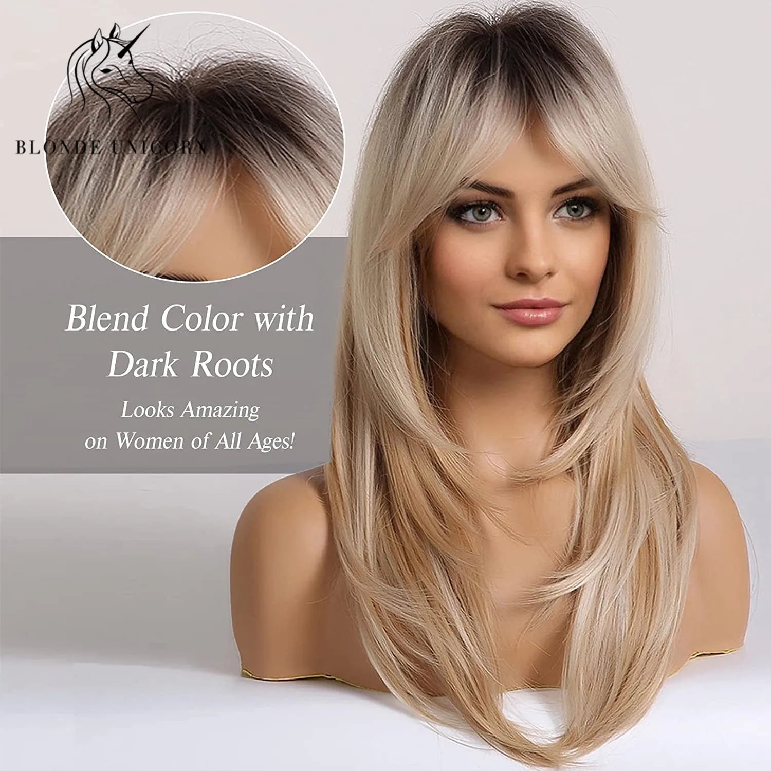 Blonde Unicorn Synthetic Medium Long Straight Brown Blonde Wig For Women Cosplay Daily Party Wigs Heat Resistant False Hair Style