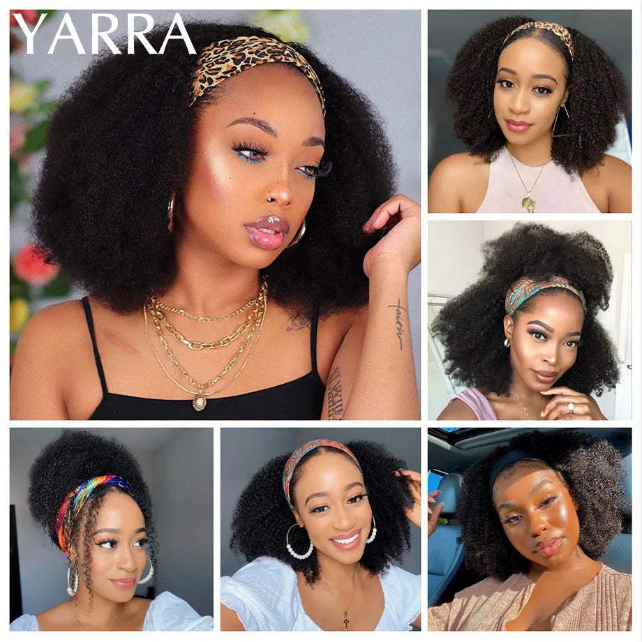 Afro Kinky Curly Human Hair Headband Wig For Black Women 180% Density Brazilian Remy Full Machine Made 100% Human Hair Wigs YARRA