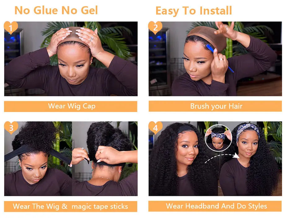 Afro Kinky Curly Human Hair Headband Wig For Black Women 180% Density Brazilian Remy Full Machine Made 100% Human Hair Wigs YARRA