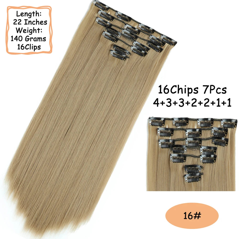 NICESY 16Clips Synthetic 24Inch Wig Long Curly Hair Hairpiece Heat Resistant Hair Extension and Accessories Clips In Ombre Black Brown Blond for Women Hair Style Wigs