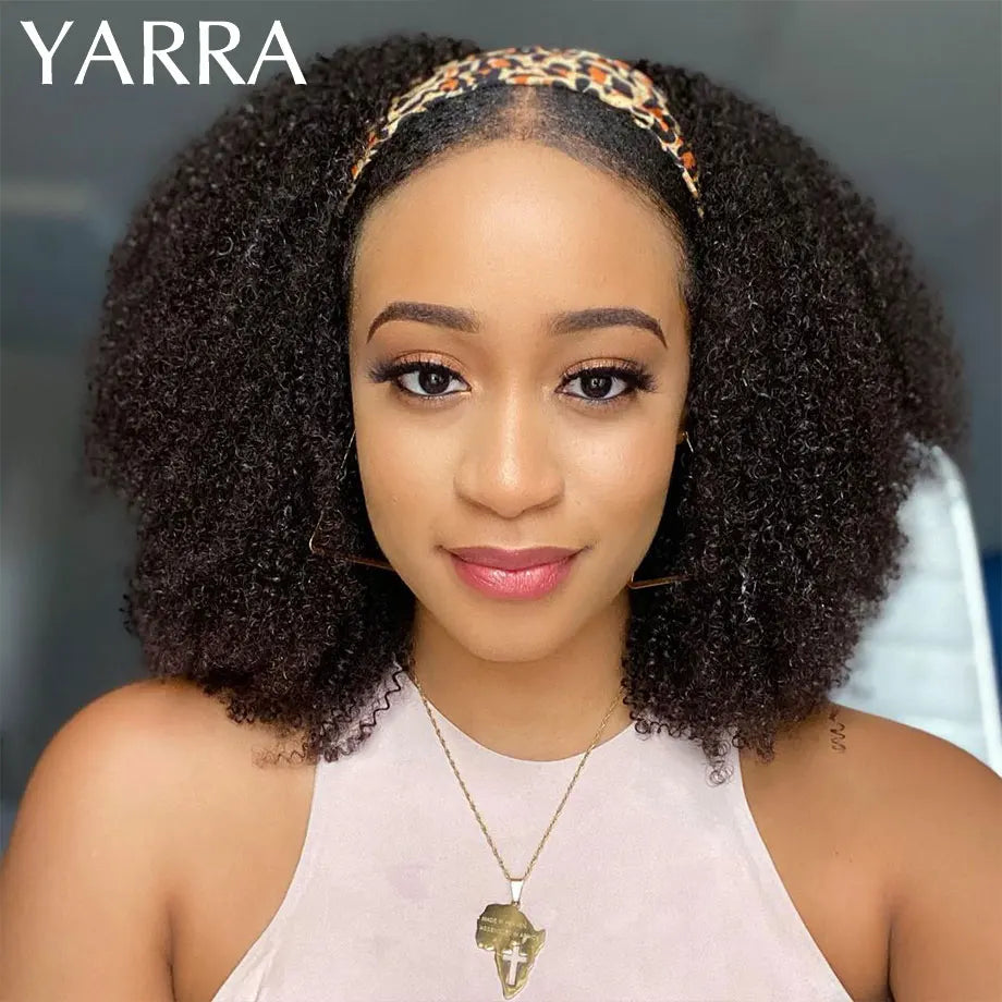 Afro Kinky Curly Human Hair Headband Wig For Black Women 180% Density Brazilian Remy Full Machine Made 100% Human Hair Wigs YARRA