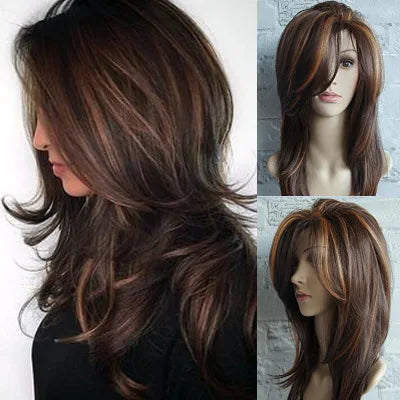 SuQ Classic Curly Wig Synthetic Natural For Women Hair Wigs Cosplay Brown With Blonde Heat Resistant Daily Wigs