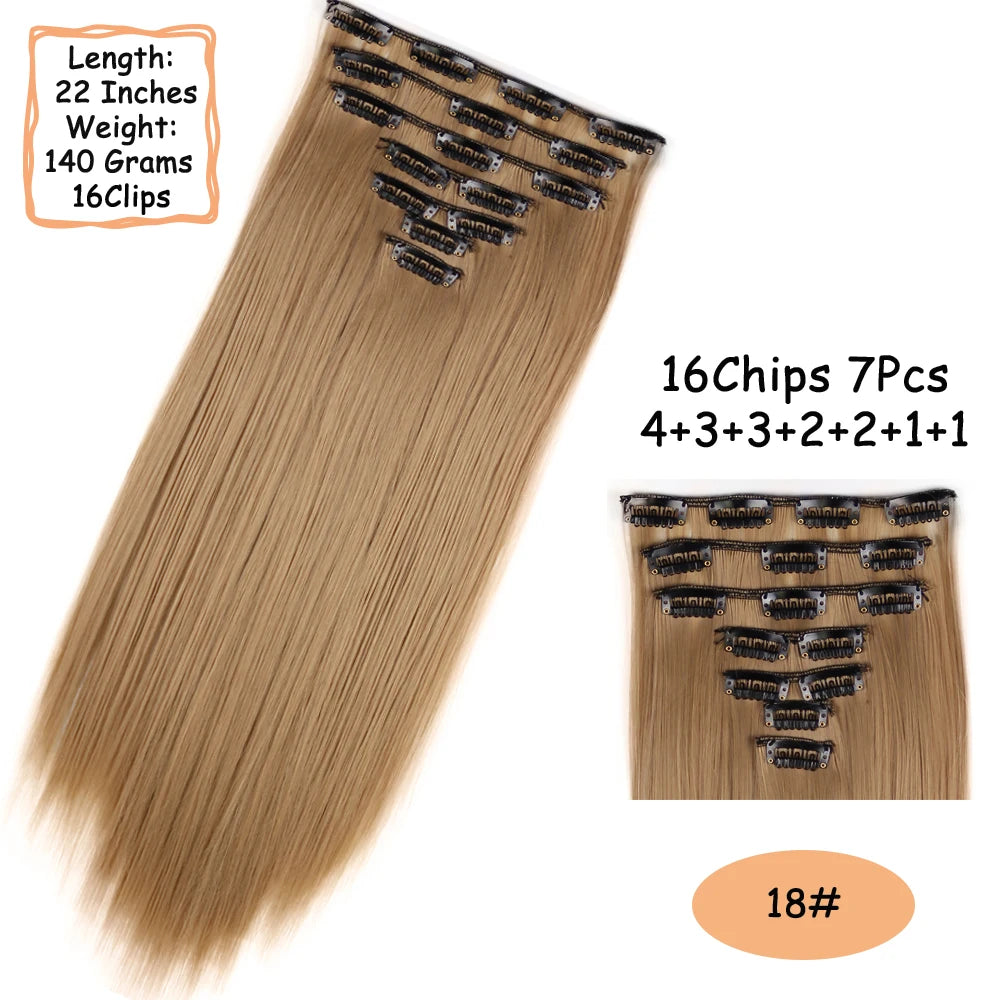 NICESY 16Clips Synthetic 24Inch Wig Long Curly Hair Hairpiece Heat Resistant Hair Extension and Accessories Clips In Ombre Black Brown Blond for Women Hair Style Wigs