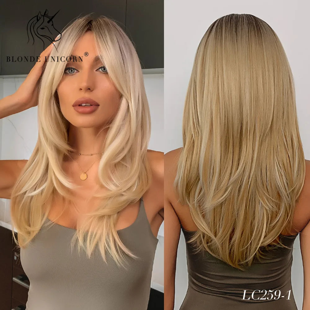 Blonde Unicorn Synthetic Medium Long Straight Brown Blonde Wig For Women Cosplay Daily Party Wigs Heat Resistant False Hair Style
