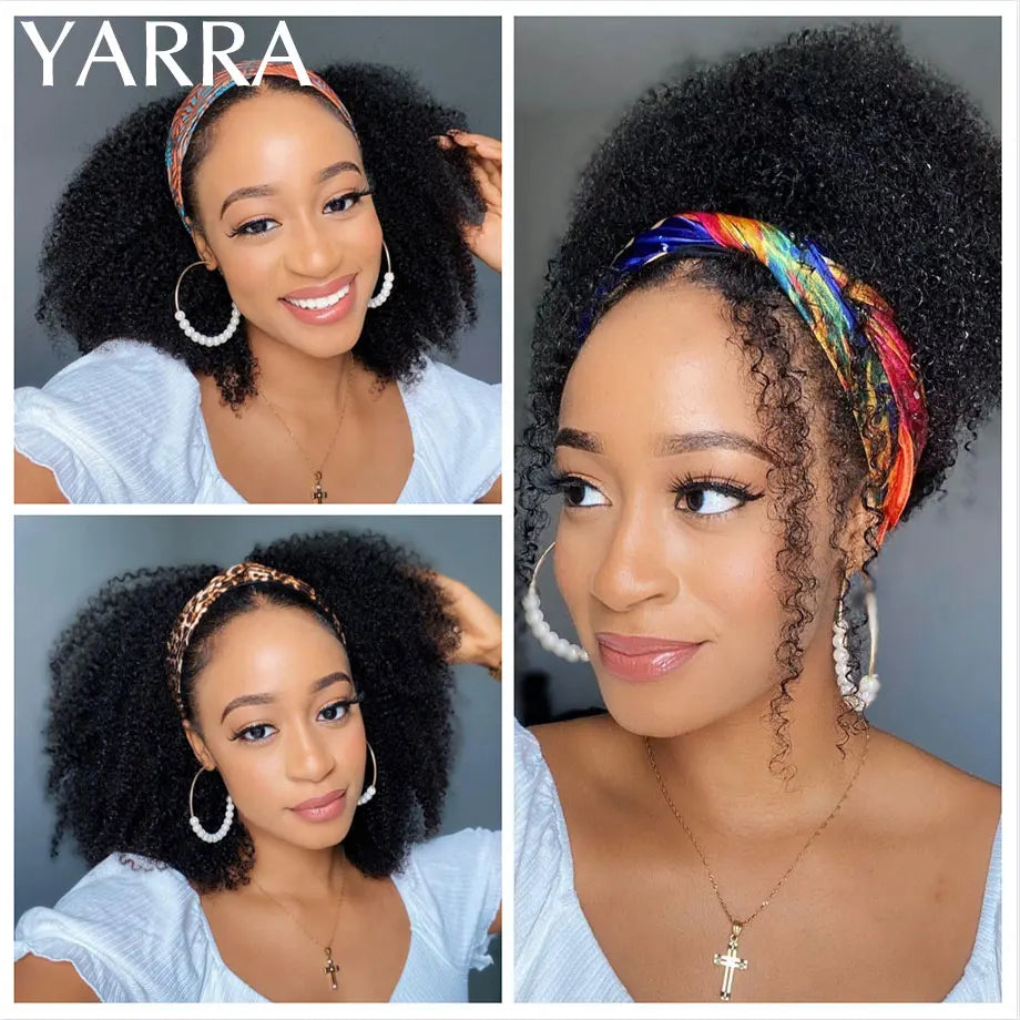 Afro Kinky Curly Human Hair Headband Wig For Black Women 180% Density Brazilian Remy Full Machine Made 100% Human Hair Wigs YARRA