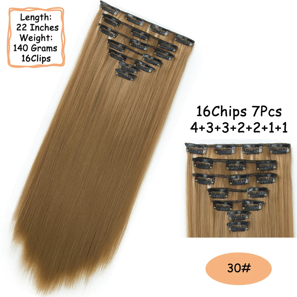 NICESY 16Clips Synthetic 24Inch Wig Long Curly Hair Hairpiece Heat Resistant Hair Extension and Accessories Clips In Ombre Black Brown Blond for Women Hair Style Wigs