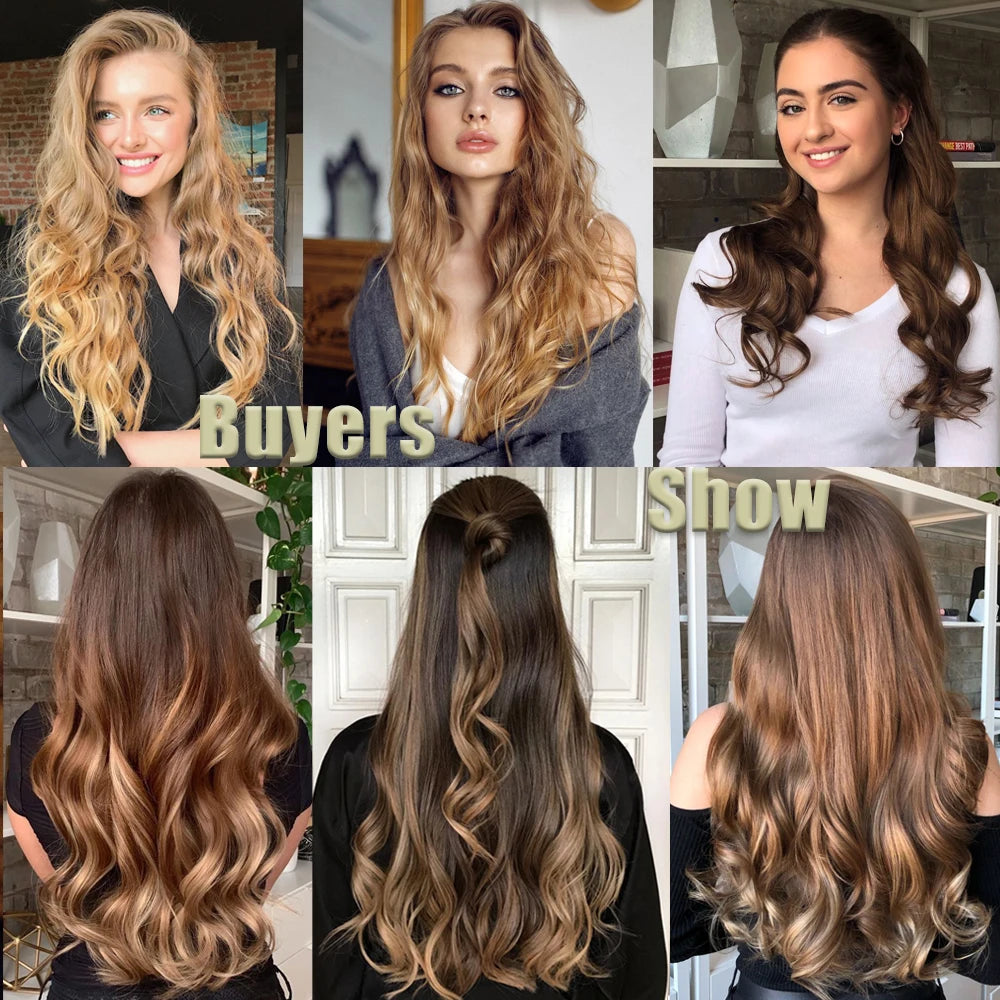 NICESY 16Clips Synthetic 24Inch Wig Long Curly Hair Hairpiece Heat Resistant Hair Extension and Accessories Clips In Ombre Black Brown Blond for Women Hair Style Wigs
