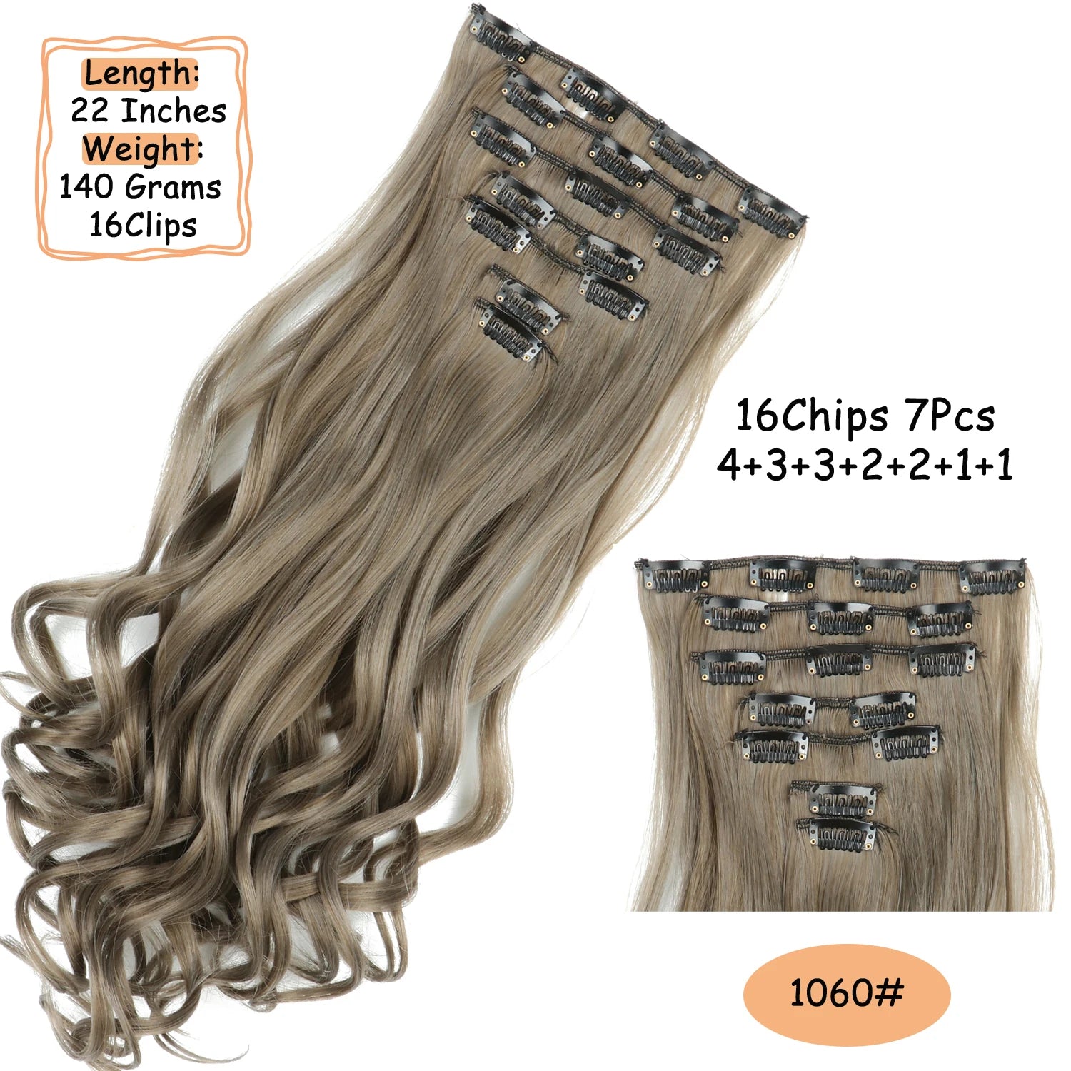 NICESY 16Clips Synthetic 24Inch Wig Long Curly Hair Hairpiece Heat Resistant Hair Extension and Accessories Clips In Ombre Black Brown Blond for Women Hair Style Wigs