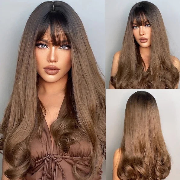 Long Copper Brown Synthetic Curly Wig for Women Auburn Hair Style Wigs with Bangs Layered Straight Hair Natural Daily Heat Resistant