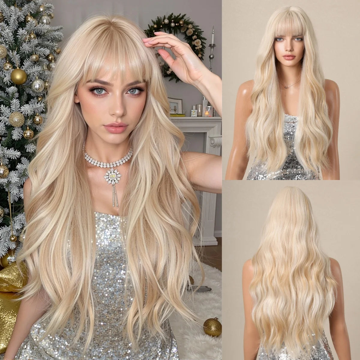 Long Copper Brown Synthetic Curly Wig for Women Auburn Hair Style Wigs with Bangs Layered Straight Hair Natural Daily Heat Resistant