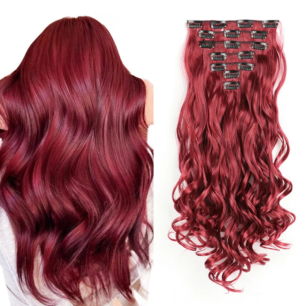 Clip In Wig Hair Extensions 7 PCS Full Head 22 Inch Long Curly Wavy Synthetic Hair Wigs Pieces Natural Wavy For Women Girls Hair Style