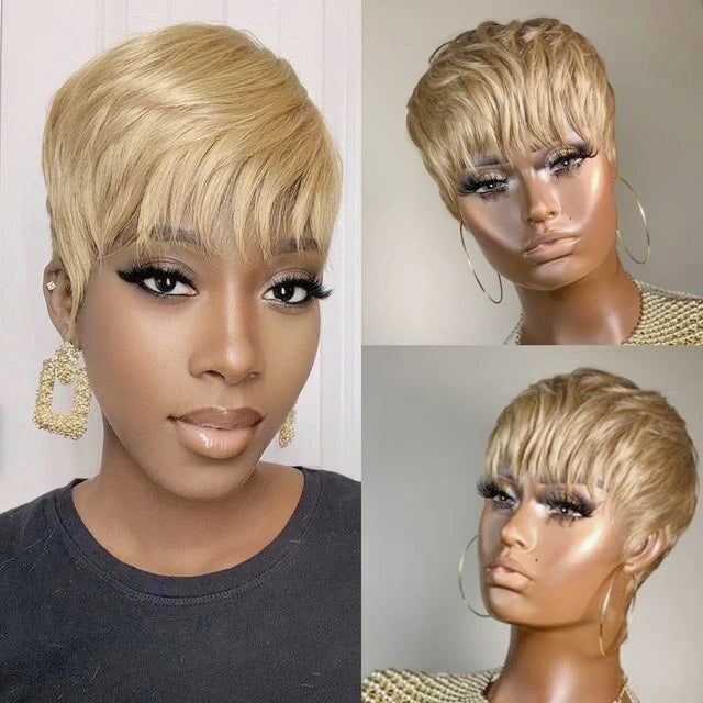 WIGERA Highlight Synthetic Hair Wigs Short Straight  Pixie Cut Hair Bob Wig Honey Gold Mix Black For Woman Daily Use