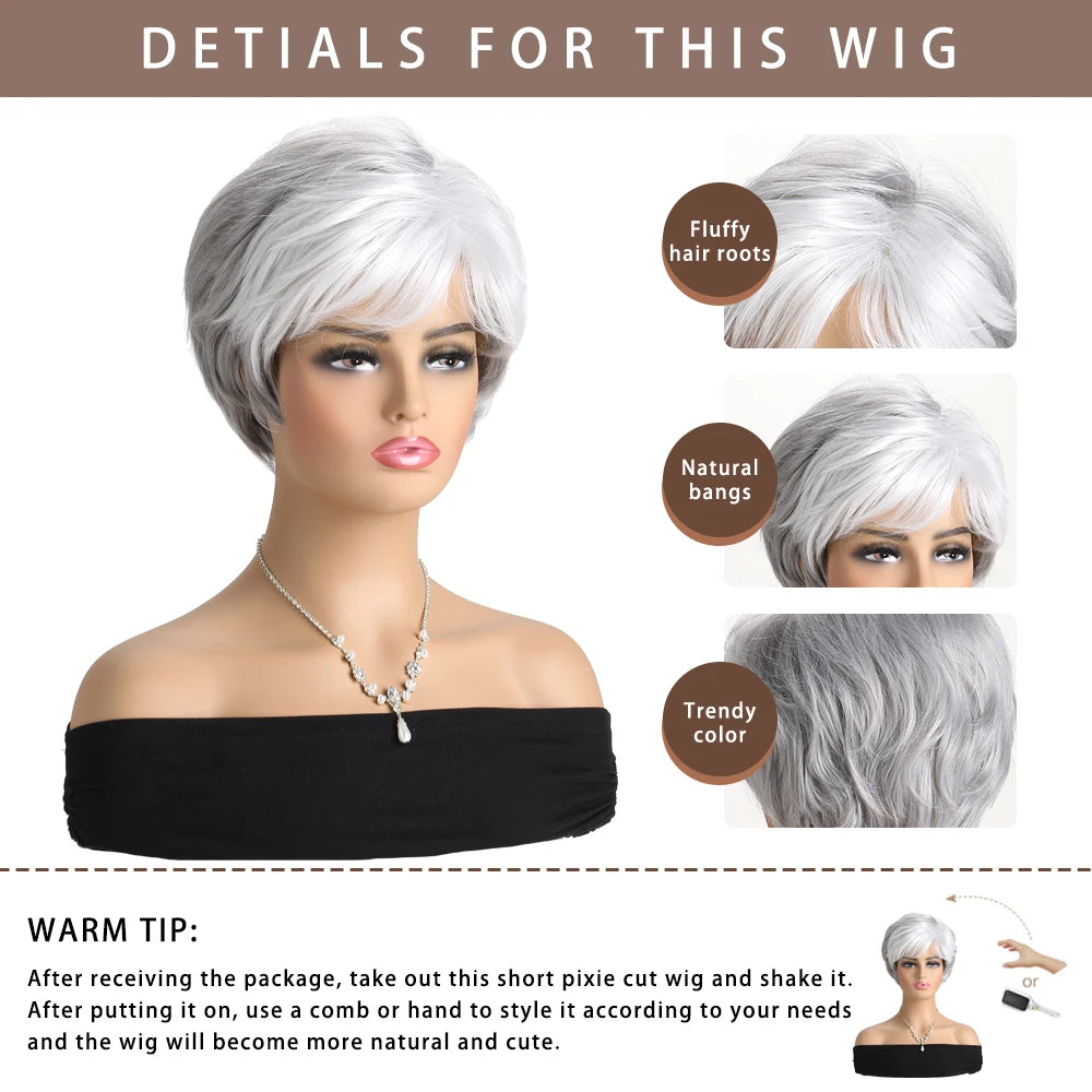 Short Natural Wigs with Bangs Soft Mommy Hair Daily Use Short  Grey Ombre Curly Synthetic Hair Costume Party Wig for Women