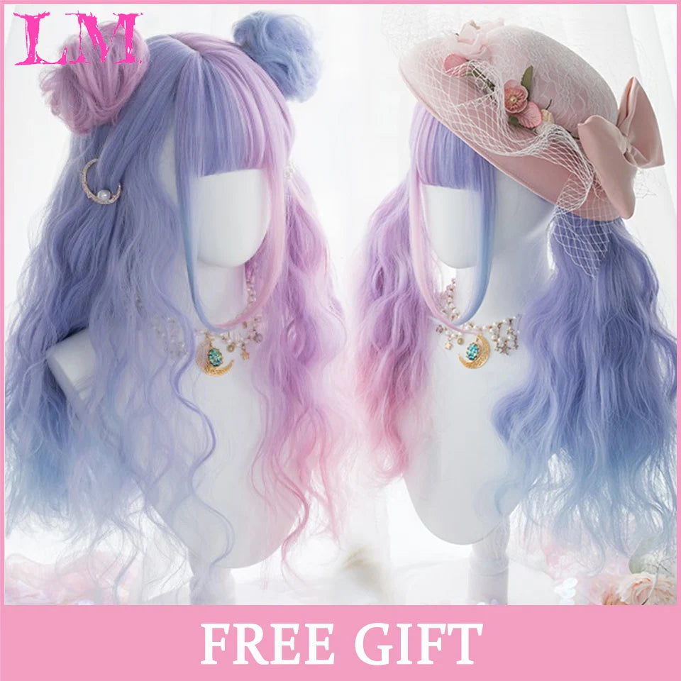 LM Cosplay Wig With Bangs Synthetic Straight Hair Wigs 24 Inch Long Heat-Resistant Pink Hair Style For Women