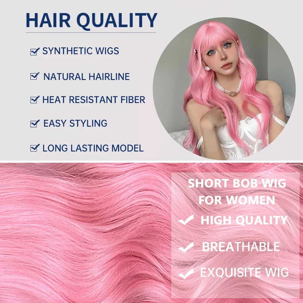 Pink synthetic wig with big waves for Halloween party, cosplay wigs, daily wig, high-temperature hair accessory wig set