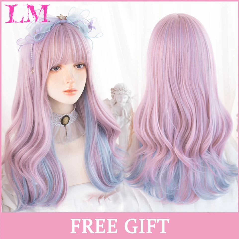 LM Cosplay Wig With Bangs Synthetic Straight Hair Wigs 24 Inch Long Heat-Resistant Pink Hair Style For Women