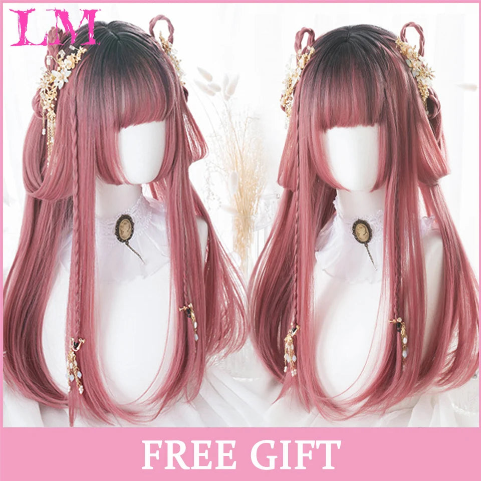 LM Cosplay Wig With Bangs Synthetic Straight Hair Wigs 24 Inch Long Heat-Resistant Pink Hair Style For Women