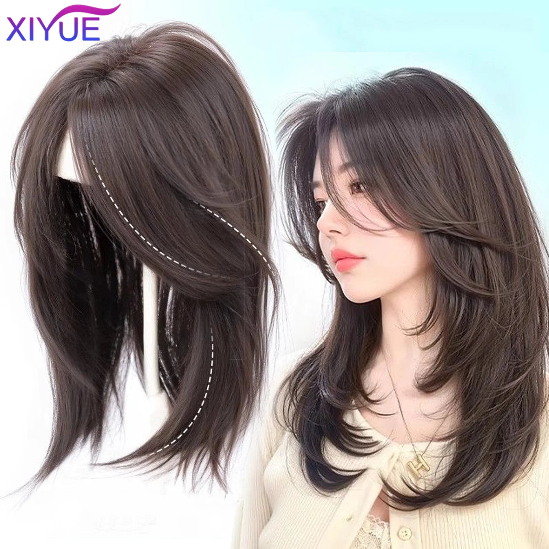 Synthetic Long Straight Layered Wigs Hair Clip in Hair Extensions and Accessories Natural Fluffy Head Top Fake Hair Piece with Bang Clip for Women Wig Daily Use