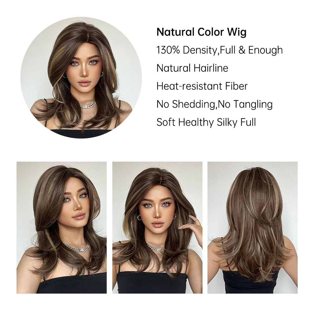ELEMENT Synthetic Wig Medium Wavy Hair Brown Mixed Blonde Wigs for Women Daily Party Cool Heat Resistant Breathable Headband, Hair style