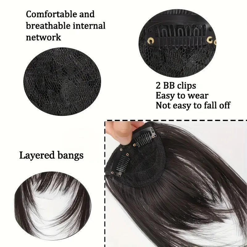 Synthetic Wigs Hair Clip-In Bangs Cut Wispy Fringe with Sideburns Dark Brown Natural Look for Women Wig Daily Party Wear