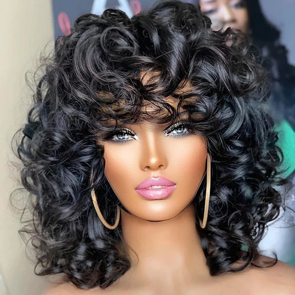 Short Curly Bob Wig Human Hair With Bangs Ready to Go Glueless Bouncy Curly Human Hair Wigs Machine Made Afro Wigs for Women Hair Style