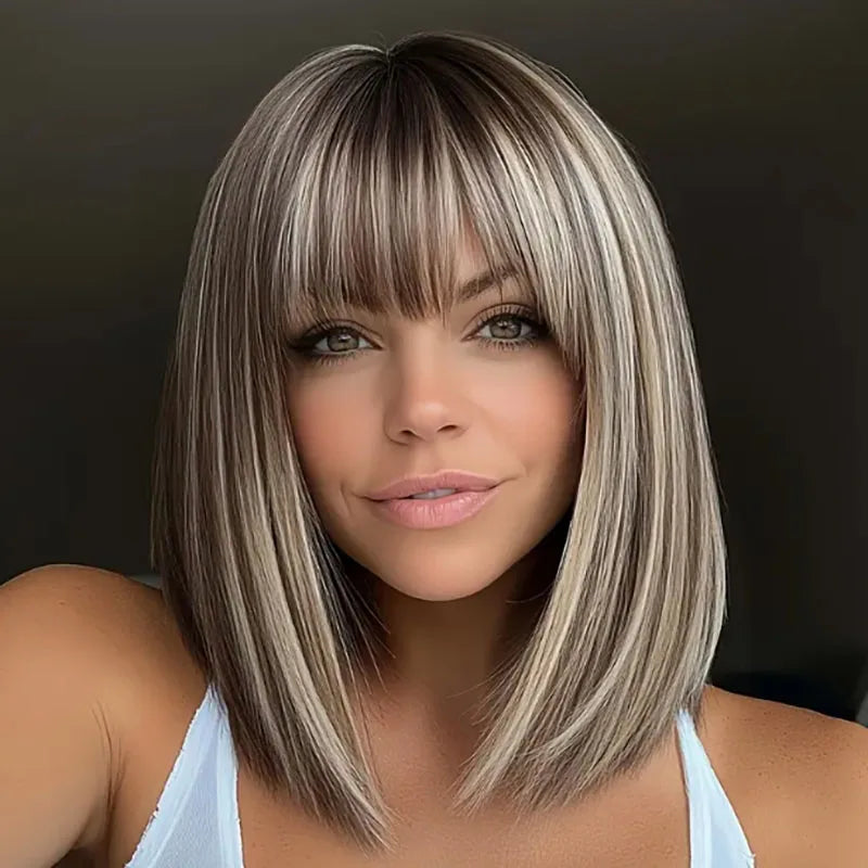 Highlight-Blended Brown Short Bob Cut Wig with Straight Bangs (Synthetic Fiber) - Perfect for Women's Hair Wigs Daily Wear, Parties, Celeb