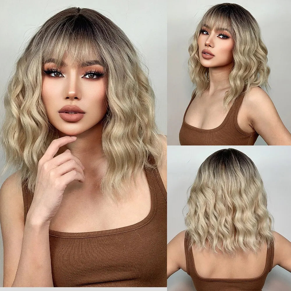 Women Grey Wavy Bob Wigs with Bangs Short Blonde Ombre Synthetic Hair Wigs With with Dark Roots Natural Hair Style for Women Daily Use