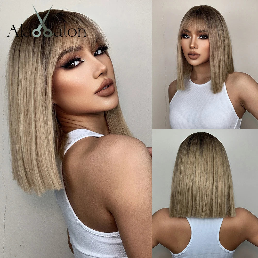 ALAN EATON Layered Synthetic Wig with Bangs Straight Short Highlights Blonde Hair Wigs with for Women Daily Use