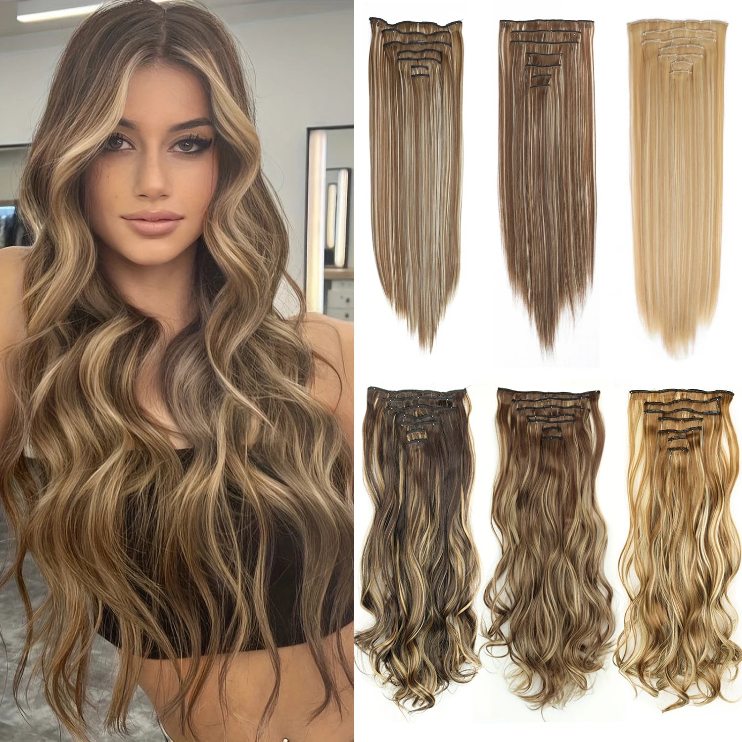 7Pcs/Set 16 Clips Wig Hair Accessories Extension Black Long Straight Natural Hair Wigs Ombre Hairpiece Heat Resistant Fiber For Women Hair Style