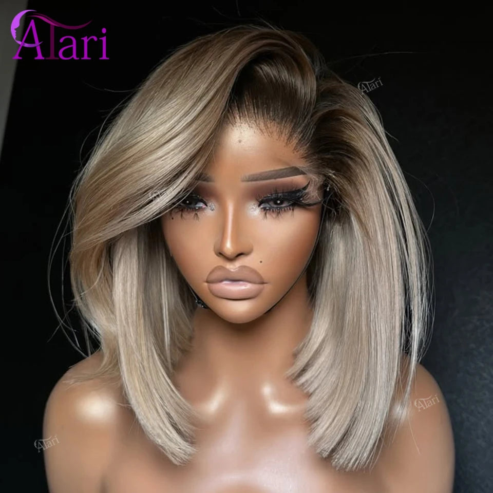 Ash Blonde with Brown Roots Short Bob Wig Transparent 13x4 Full Lace Frontal Human Hair Wigs Straight Bob Wig Pre Plucked for Women Hair Style