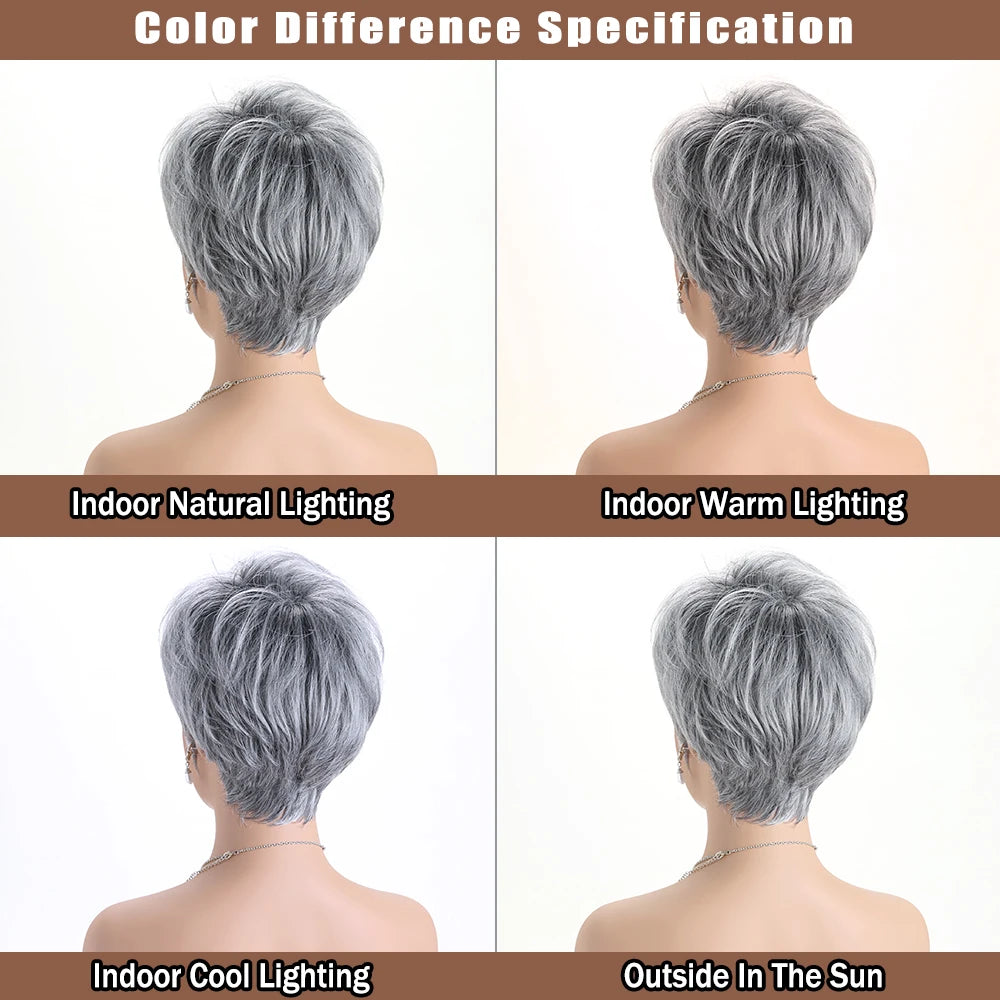 Short Natural Wigs with Bangs Soft Mommy Hair Daily Use Short  Grey Ombre Curly Synthetic Hair Costume Party Wig for Women