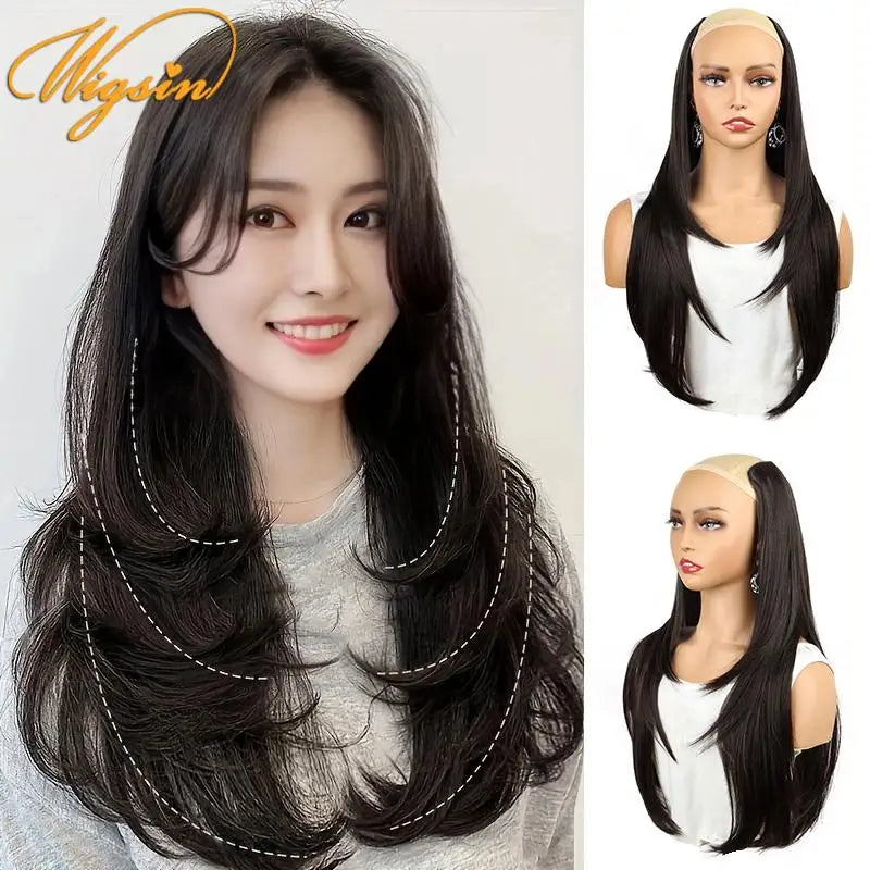 Wigs WIGSIN 22Inch Synthetic V-shaped Layered 4 Clips Long Straight Hair Extension and Accessories Fashion Invisible Hairpiece Wig for Women Daily Use
