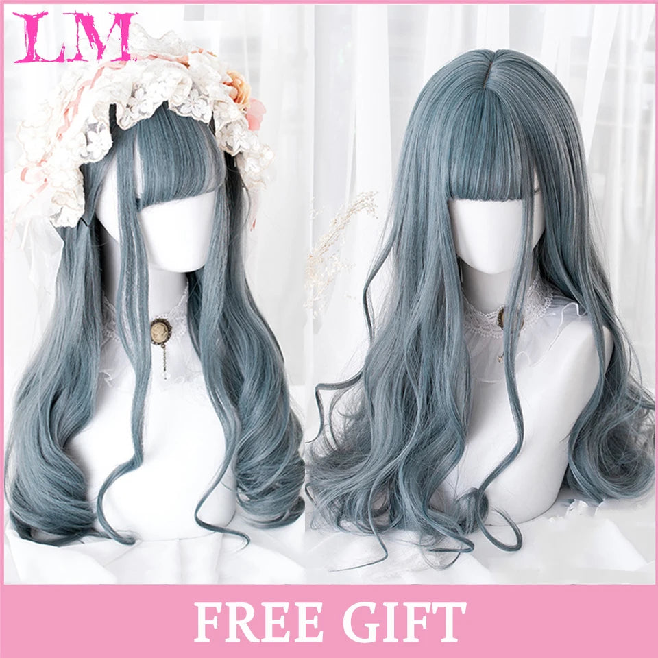 LM Cosplay Wig With Bangs Synthetic Straight Hair Wigs 24 Inch Long Heat-Resistant Pink Hair Style For Women