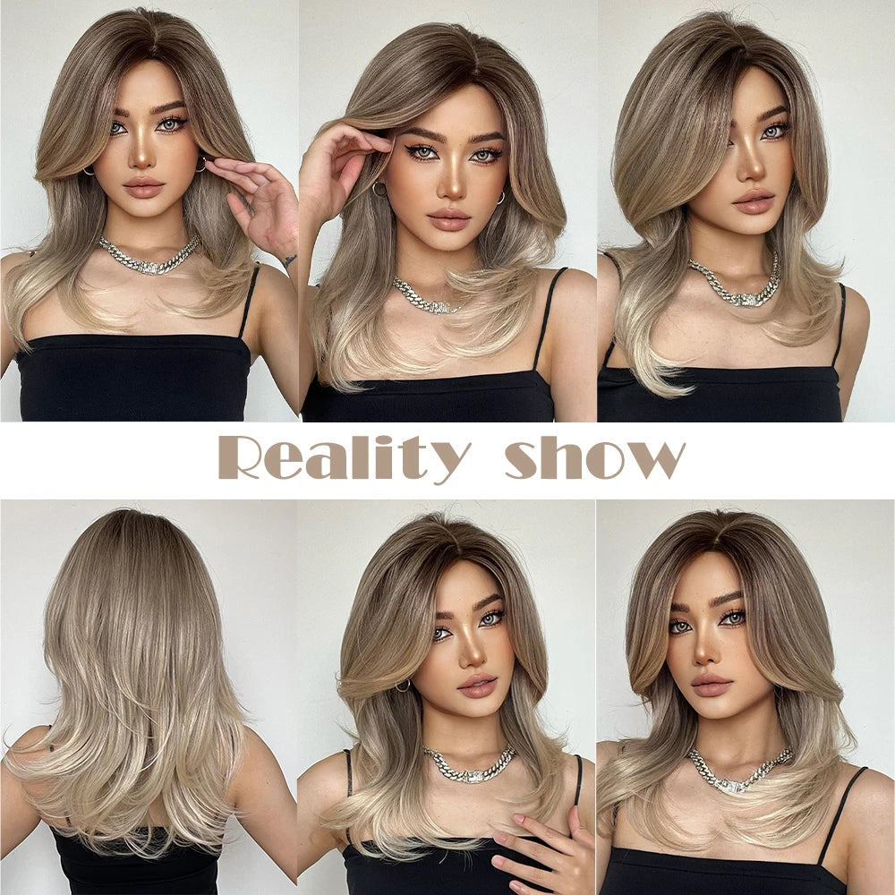 ELEMENT Synthetic Wig Medium Wavy Hair Brown Mixed Blonde Wigs for Women Daily Party Cool Heat Resistant Breathable Headband, Hair style
