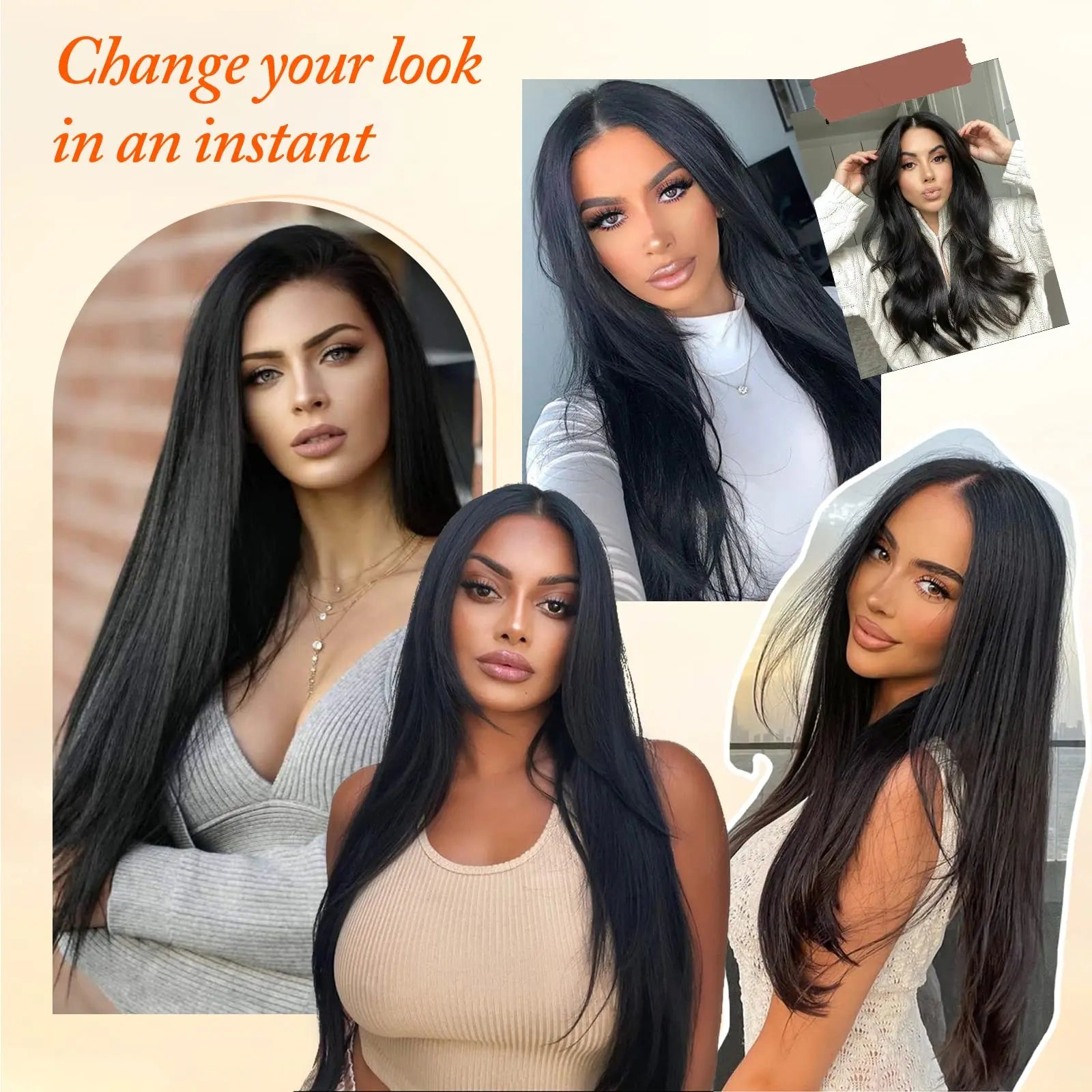 7Pcs/Set 16 Clips Wig Hair Accessories Extension Black Long Straight Natural Hair Wigs Ombre Hairpiece Heat Resistant Fiber For Women Hair Style