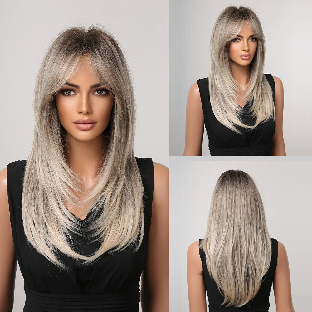 Blonde Unicorn Synthetic Medium Long Straight Brown Blonde Wig For Women Cosplay Daily Party Wigs Heat Resistant False Hair Style