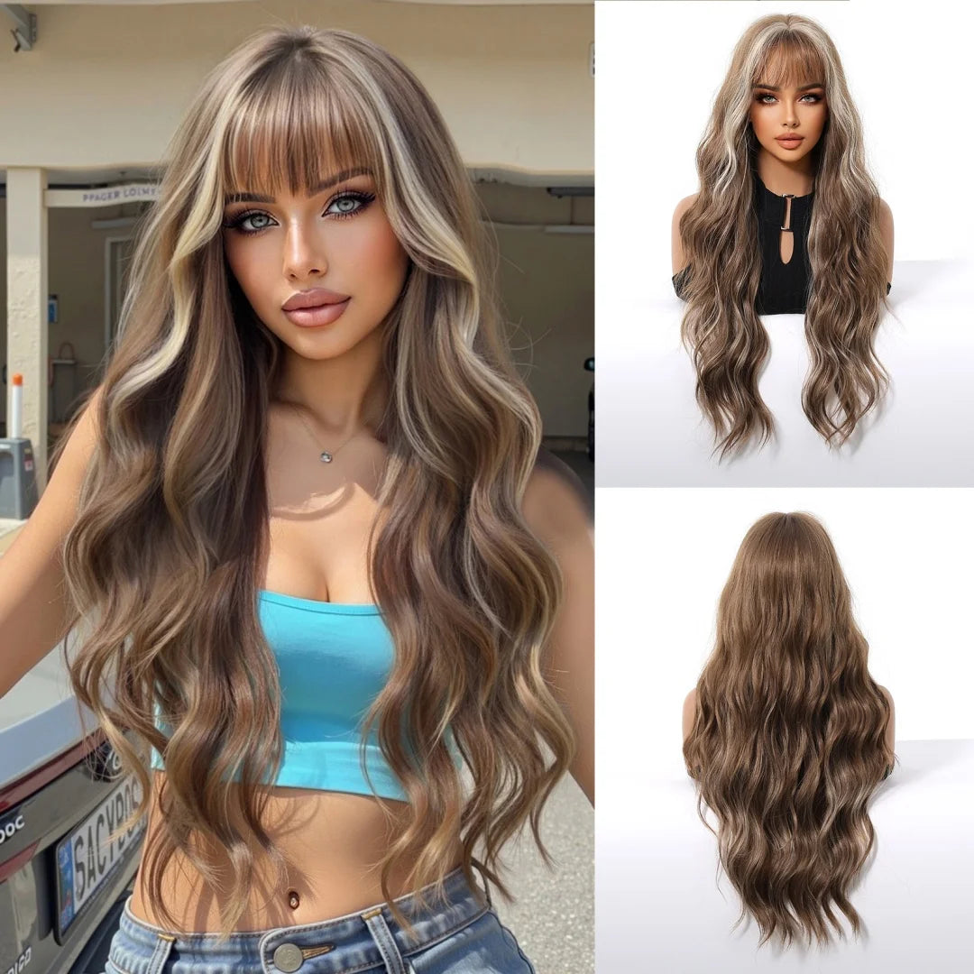Long Copper Brown Synthetic Curly Wig for Women Auburn Hair Style Wigs with Bangs Layered Straight Hair Natural Daily Heat Resistant