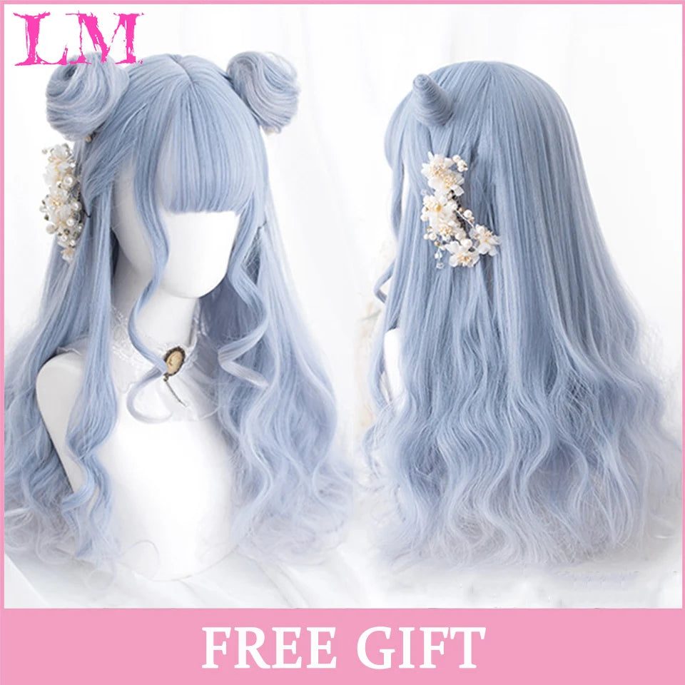 LM Cosplay Wig With Bangs Synthetic Straight Hair Wigs 24 Inch Long Heat-Resistant Pink Hair Style For Women