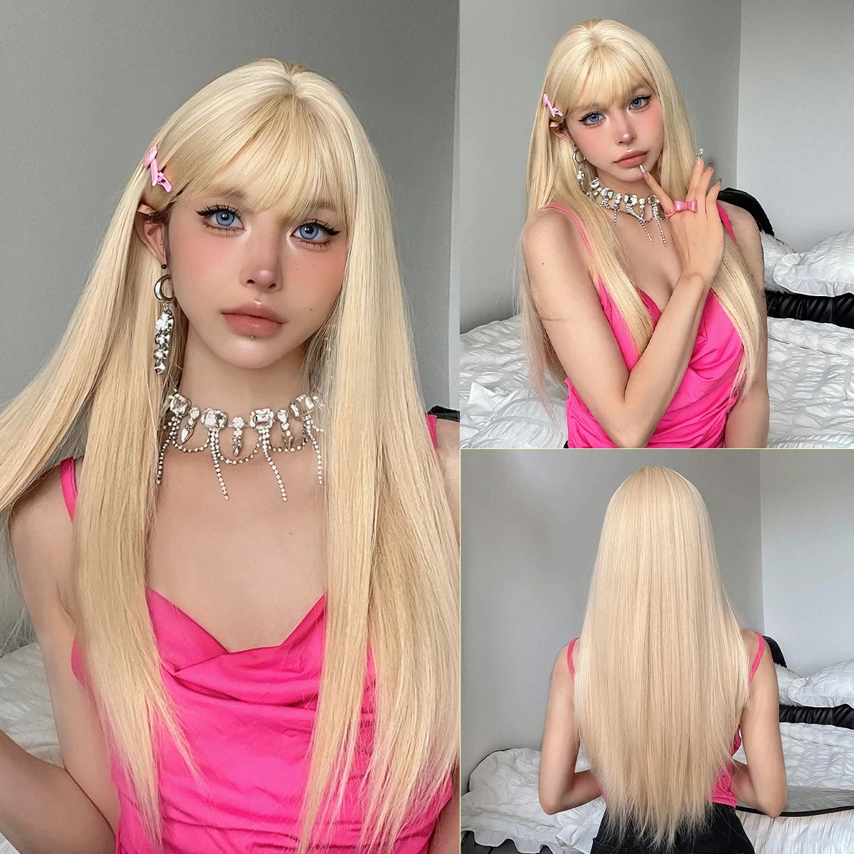 Pink synthetic wig with big waves for Halloween party, cosplay wigs, daily wig, high-temperature hair accessory wig set