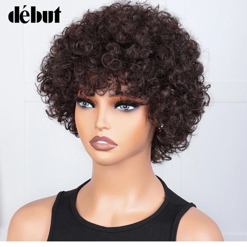 Short Pixie Afro Kinky Curly Wig Natural Brown Bob Wig with Bangs Brazilian Remy Human Hair Wigs Jerry Curly For Women