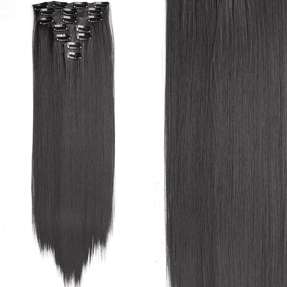 7Pcs/Set 16 Clips Wig Hair Accessories Extension Black Long Straight Natural Hair Wigs Ombre Hairpiece Heat Resistant Fiber For Women Hair Style