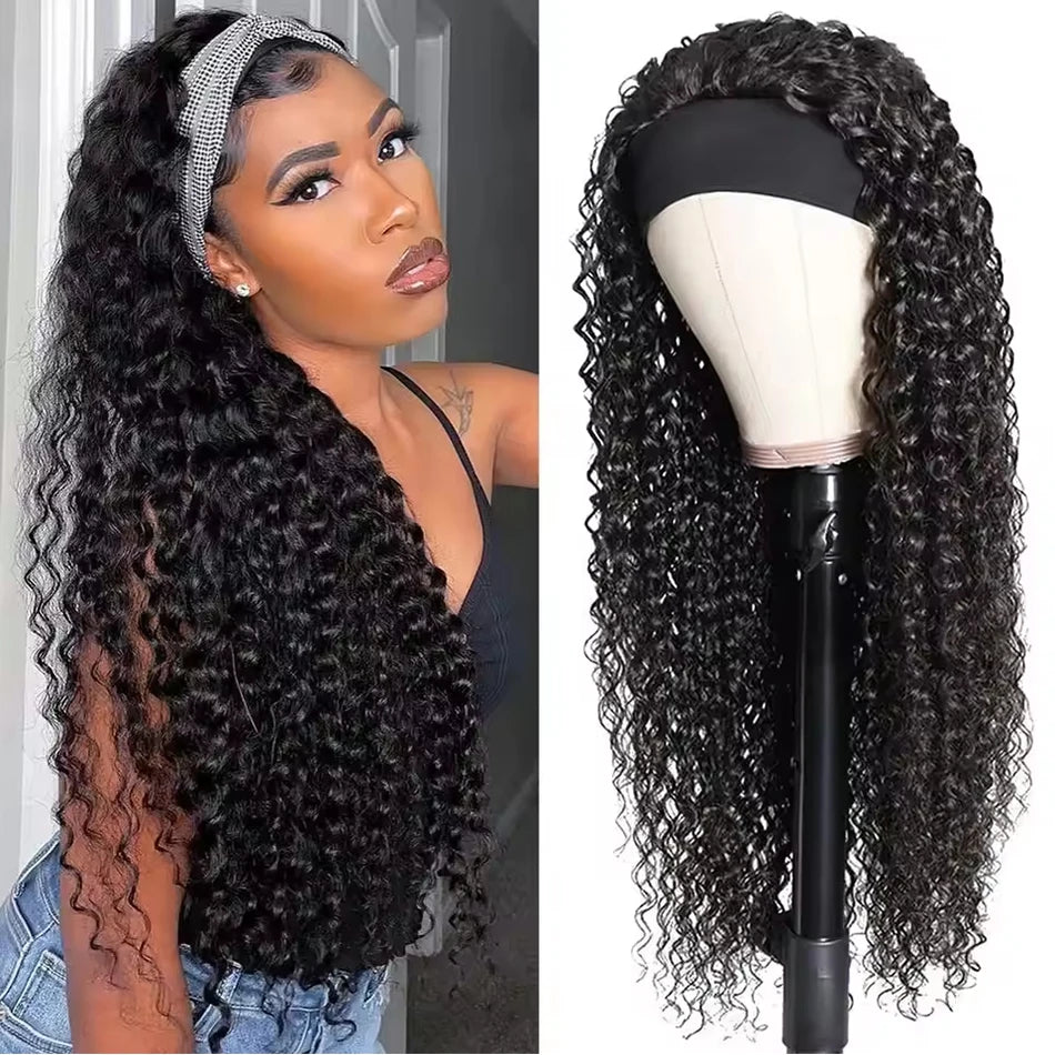 Jerry Curly Headband Human Hair Wig Brazilian Virgin Hair Perfect Natural Afro Look No Lace Needed 250% Scarf Machine Made Wig