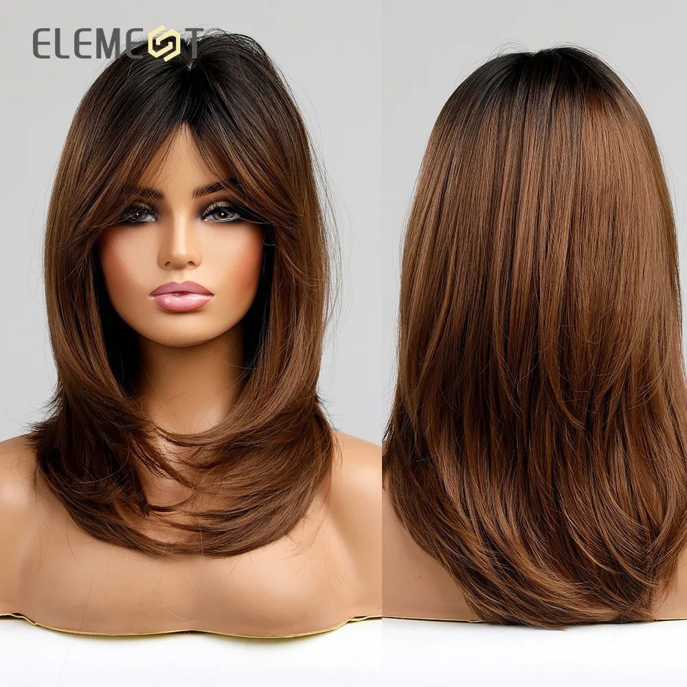 ELEMENT Synthetic Wig Medium Wavy Hair Brown Mixed Blonde Wigs for Women Daily Party Cool Heat Resistant Breathable Headband, Hair style