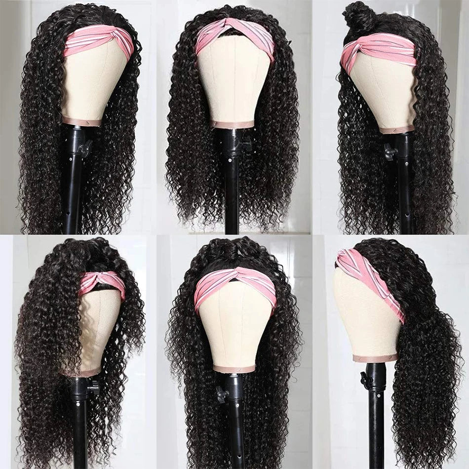 Jerry Curly Headband Human Hair Wig Brazilian Virgin Hair Perfect Natural Afro Look No Lace Needed 250% Scarf Machine Made Wig