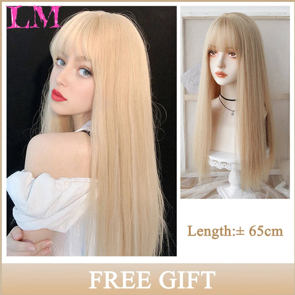 LM Cosplay Wig With Bangs Synthetic Straight Hair Wigs 24 Inch Long Heat-Resistant Pink Hair Style For Women