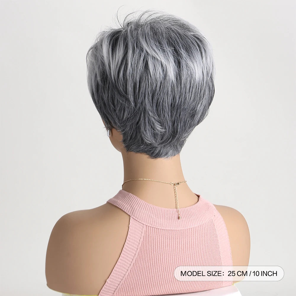 Short Natural Wigs with Bangs Soft Mommy Hair Daily Use Short  Grey Ombre Curly Synthetic Hair Costume Party Wig for Women