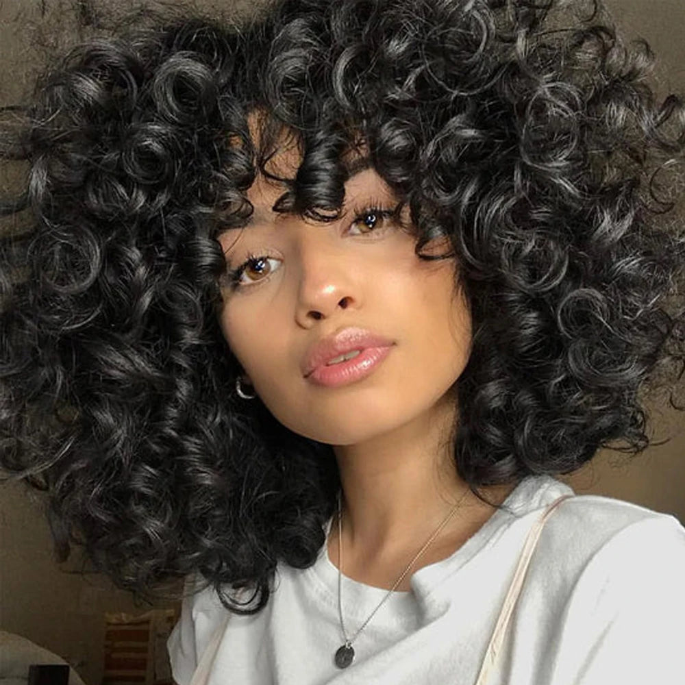 Short Curly Bob Wig Human Hair With Bangs Ready to Go Glueless Bouncy Curly Human Hair Wigs Machine Made Afro Wigs for Women Hair Style