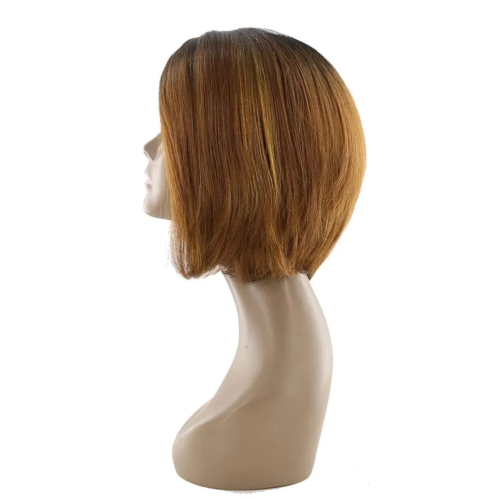 Ombre Bob Wig With Dark Roots Pre Plucked Straight Synthetic Hair Wigs Left Side Part Short Bob For Black Women