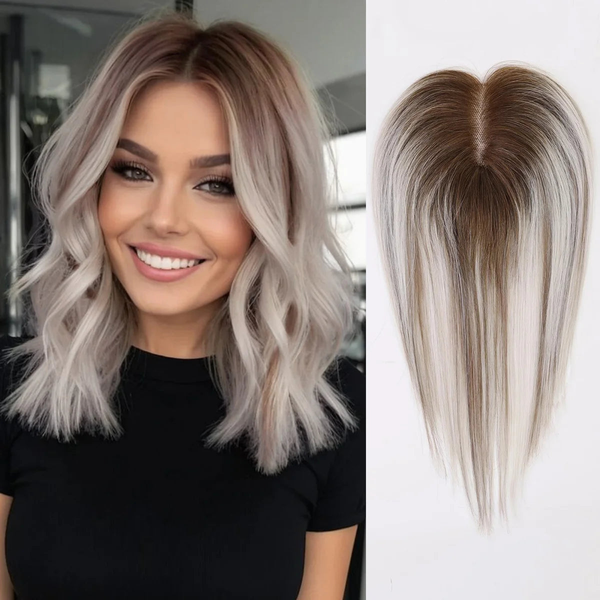 Blonde Ombre 100% Remy Human Hair Toppers Clips In Hair Lace Base Topper Hairpieces for Women Hair Extensions 12 Inch Straight