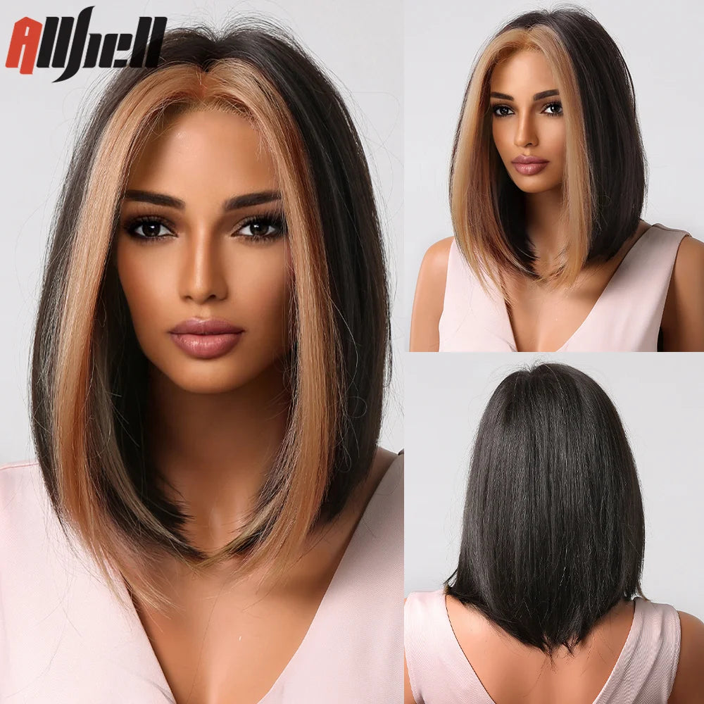 Medium Length Chestnut Brown Synthetic Wigs Hair Middle Part Wine Red Highlights Straight Wig Heat Resistant for Women Party Cosplay